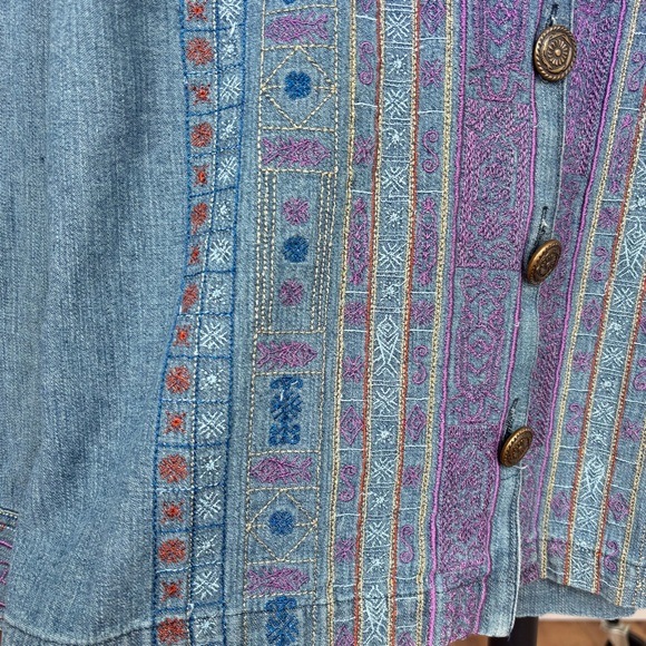 Vintage mandarin collar Embroidered 100% cotton Denim Jacket Sz XL - Picture 4 of 14